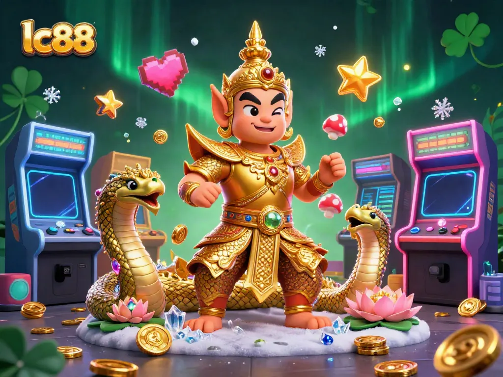 Experience the vibrant world of lc88, featuring a golden guardian with Naga companions and colorful casino elements.