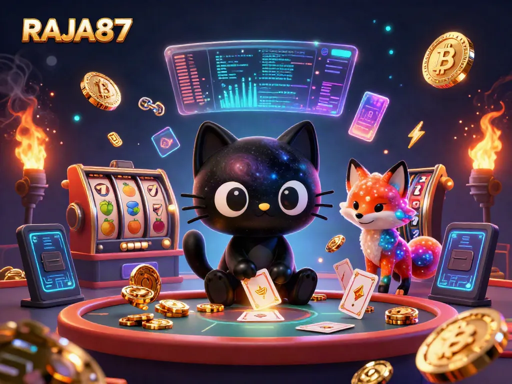 Engage with RAJA87 as the black hole cat spins cosmic slots and golden chips at the casino.
