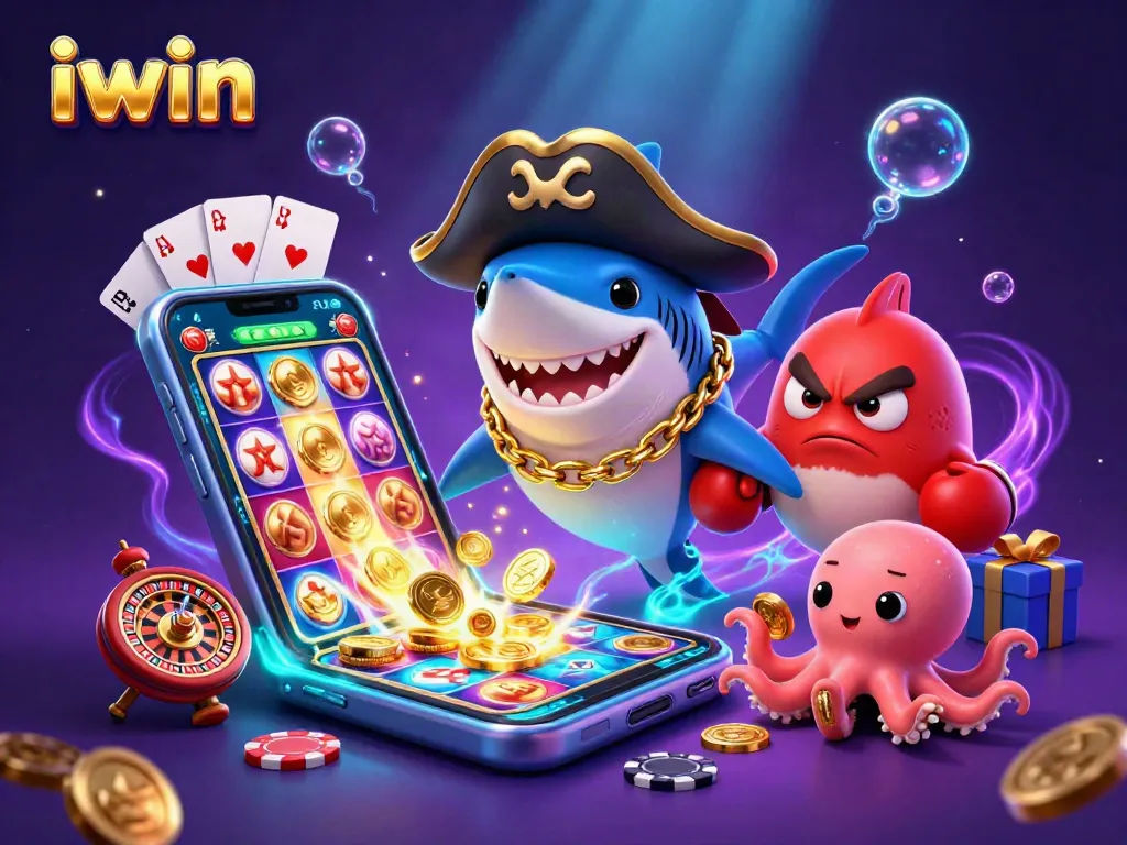 Engage in thrilling fun with iwin's vibrant cartoon world featuring a pirate shark and games.