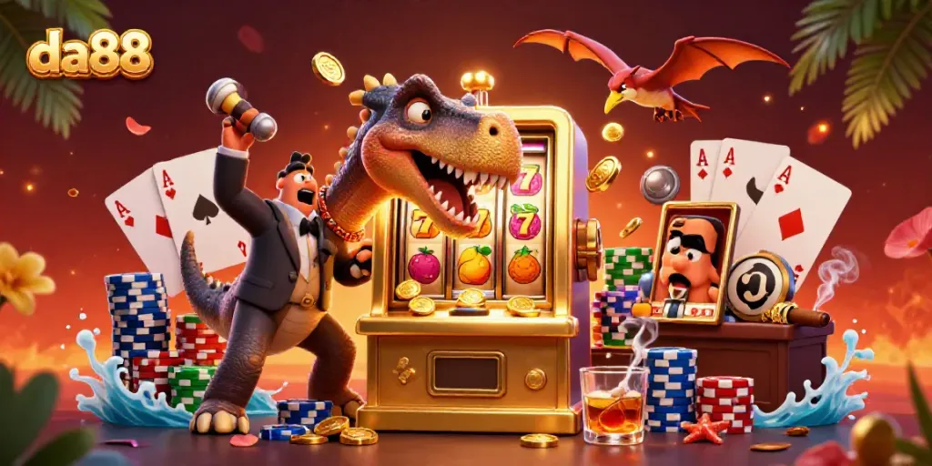 Experience the excitement of da88 with a cartoon scene of dinosaurs at a golden slot machine, winning coins!