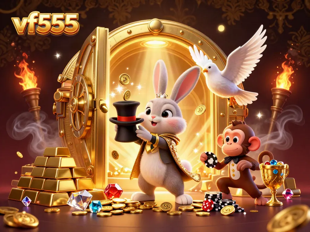 Experience the magic of vf555 with a magician rabbit, assistant dove, and monkey amidst a treasure trove.