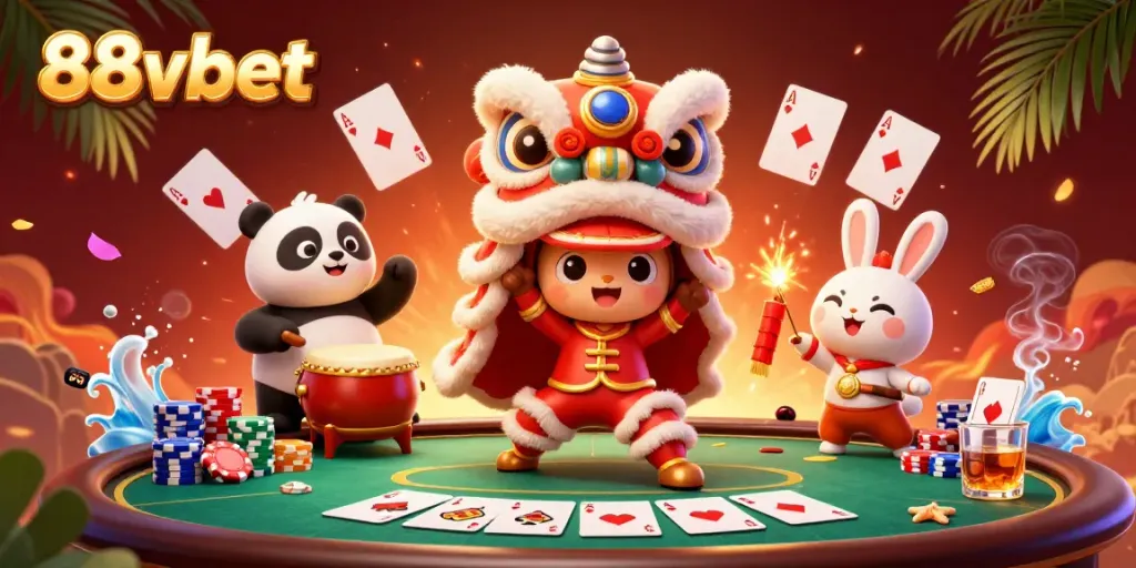 Engage in dynamic gaming action with 88vbet featuring lively characters in a festive casino setting.