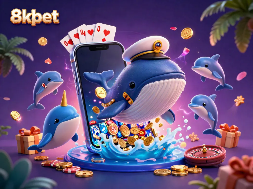 Experience thrilling wins at 8xbet with a whimsical scene featuring a playful whale and dolphins among coins and gaming elements.