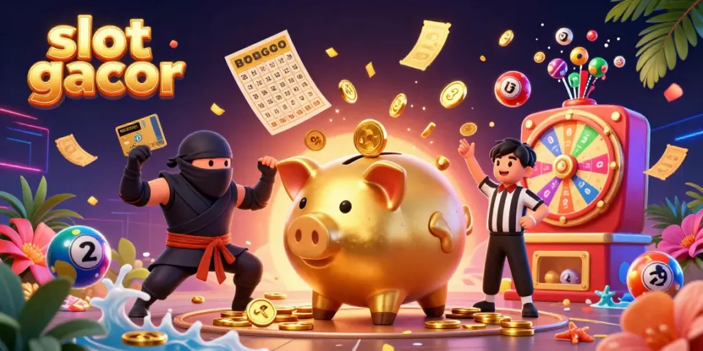 Experience the thrill of slot gacor with a sumo wrestler piggy bank amidst a vibrant casino scene.