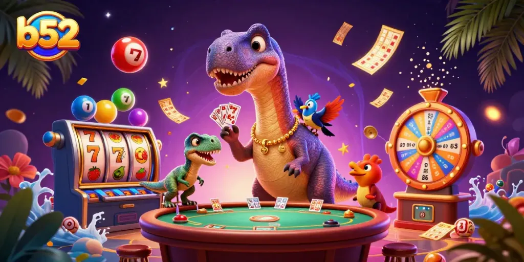 Experience thrilling casino excitement with b52 as a giant brontosaurus watches a raptor deal cards below.