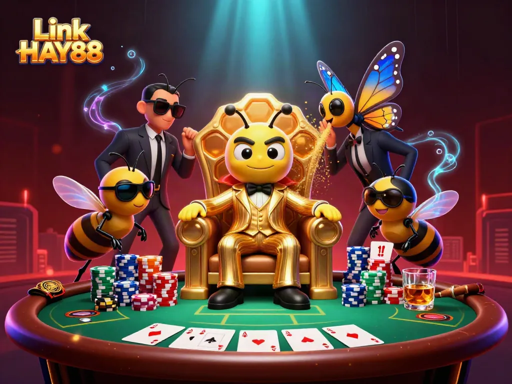 Engage in thrilling poker games with Link HAY88, featuring vibrant characters and action-packed elements.