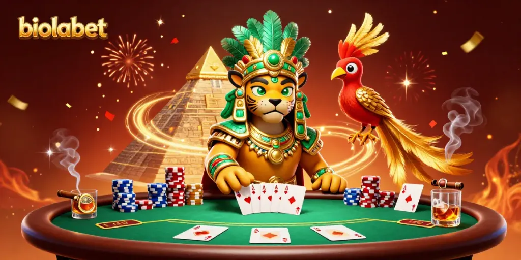 Experience biolabet thrills with a vibrant 3D Mayan-inspired casino scene featuring poker elements.