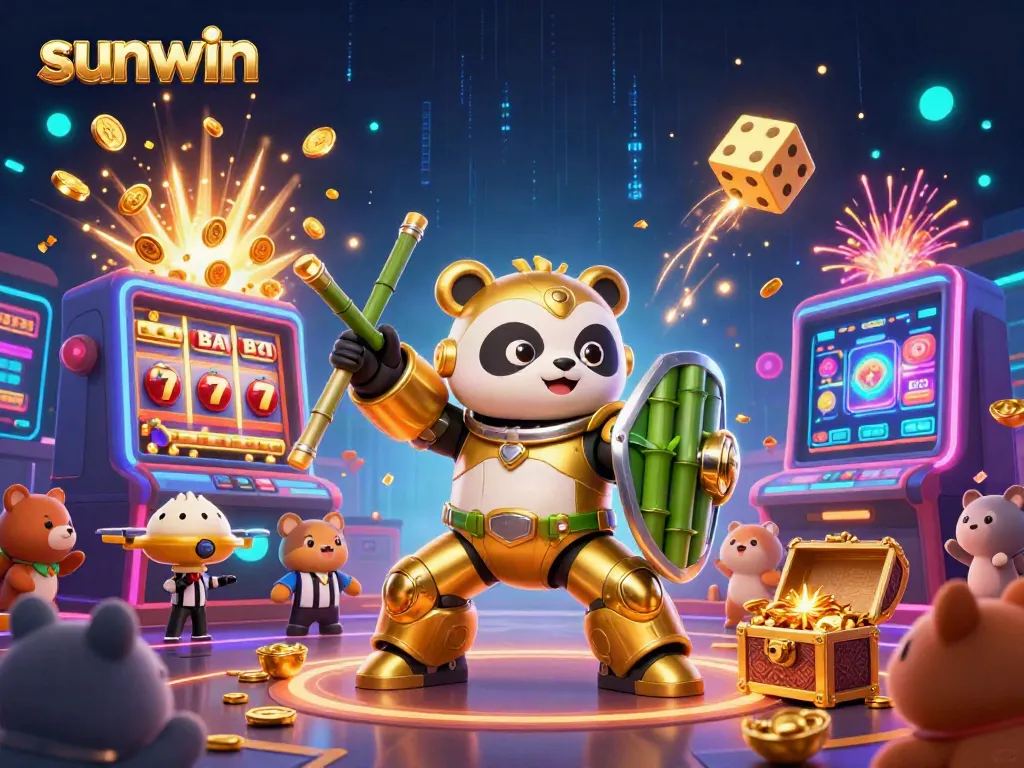 Experience the sunwin gaming adventure with vibrant slot machines, golden panda protagonist, and energetic arena.