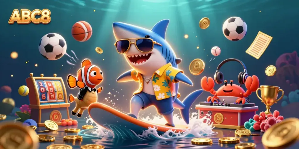 See ABC8's vibrant underwater casino-themed illustration with dynamic gaming elements and engaging characters.