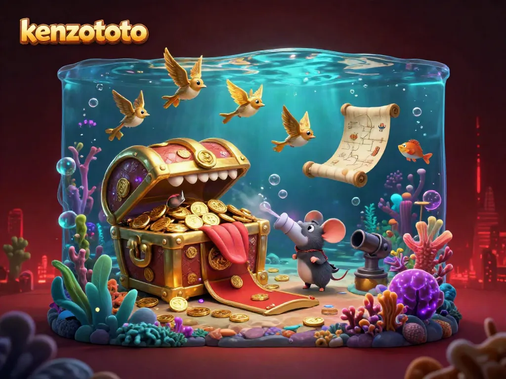 Kenzototo fish shooting adventure featuring a treasure chest, sea creatures, and a vibrant underwater atmosphere.