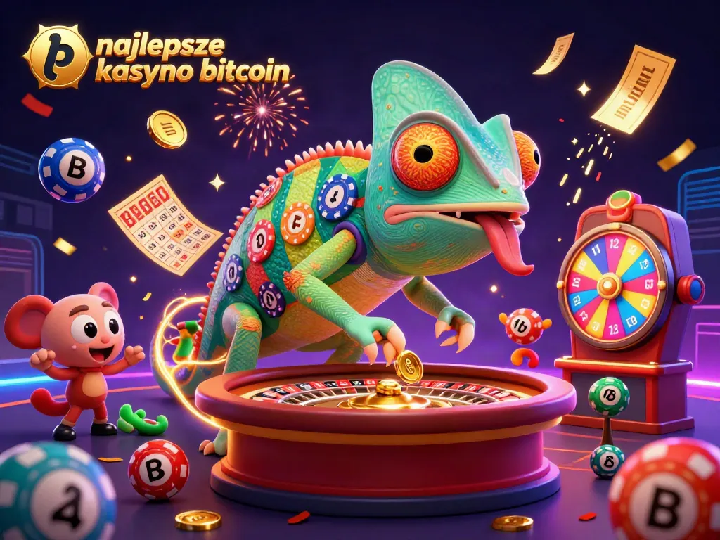 Engaging illustration of najlepsze kasyno bitcoin showcasing a colorful casino scene with a chameleon owner and lively gaming elements.