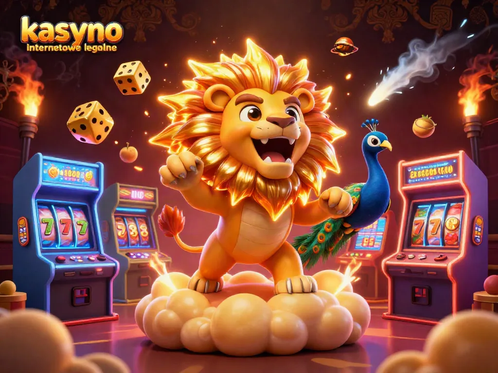 Experience excitement at kasyno internetowe legalne with a roaring lion, golden dice, and vibrant slot elements.