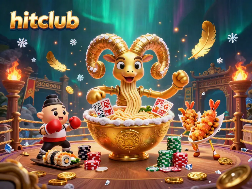 Hitclub promotional scene with a giant ramen bowl dealer, gyoza, and sushi roll characters in a vibrant casino setting.