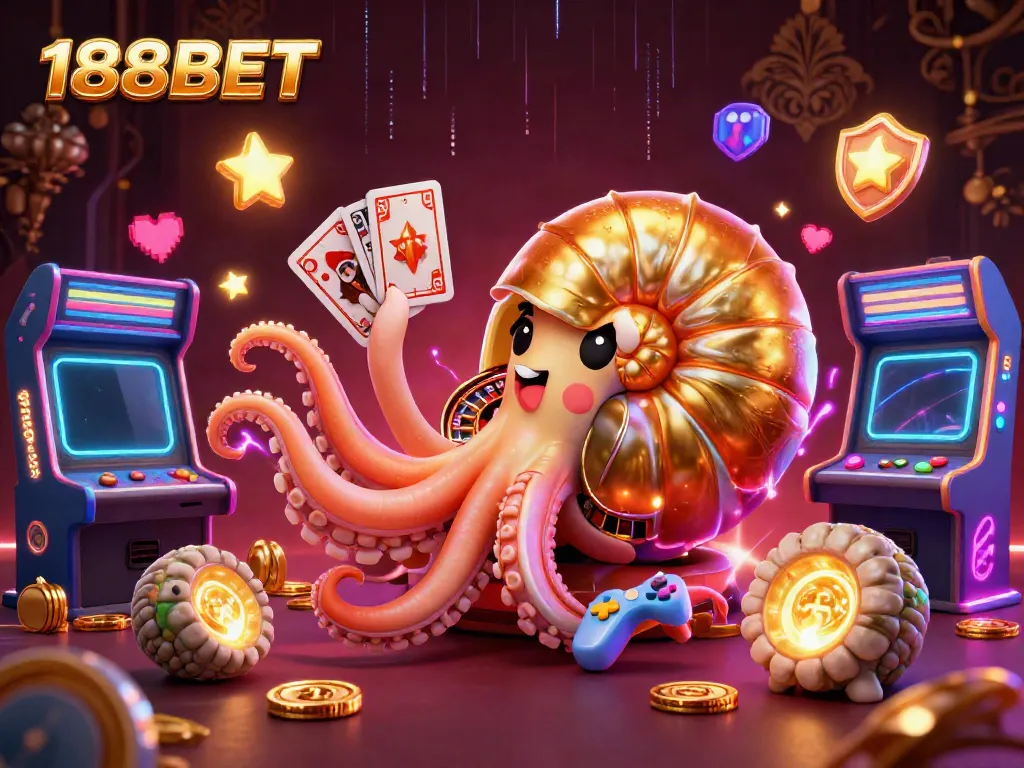 Experience the excitement of 188BET with a vibrant casino scene featuring a giant nautilus roulette wheel.