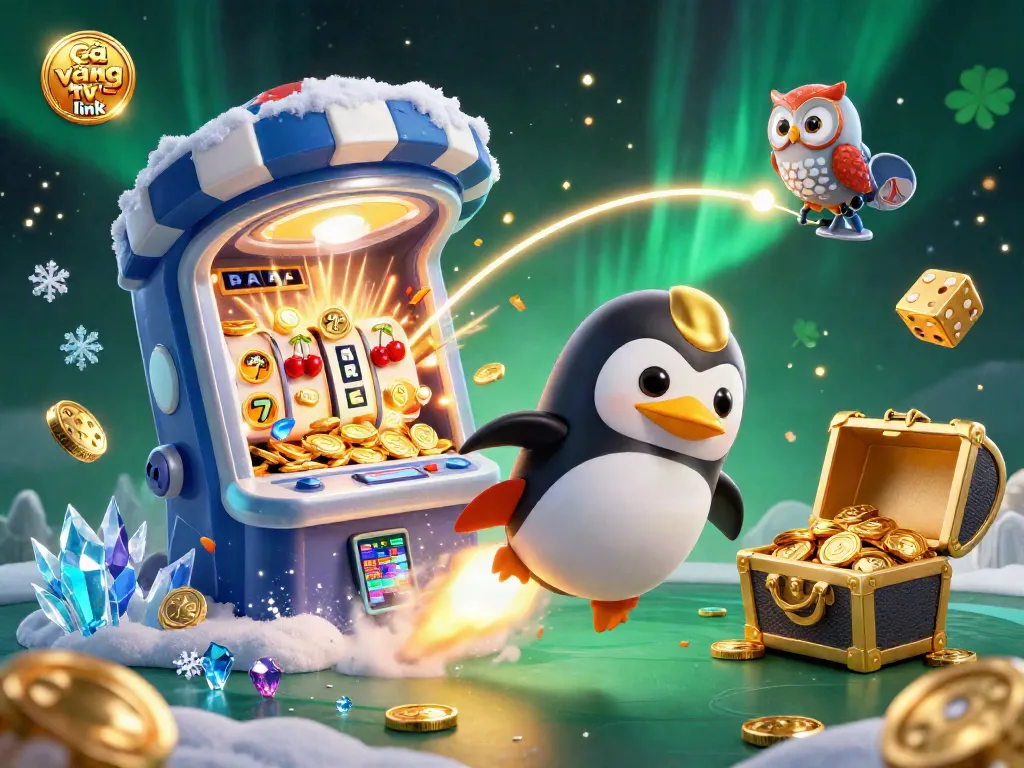 Experience the vibrant world of Gà vàng tv link with a golden penguin and dynamic casino elements.