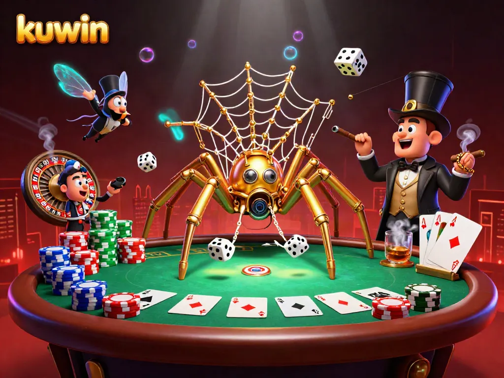Catch the excitement at kuwin with a dynamic steampunk casino scene, golden spider, and poker elements.