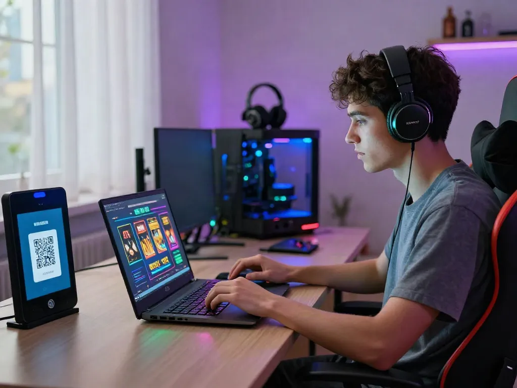 Exciting online slot88 gaming experience with QRIS payment setup in a modern home.
