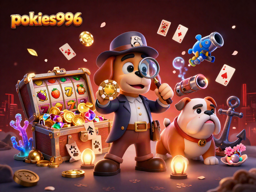 Engage with pokies996 as the detective bloodhound uncovers hidden poker chip clues amidst vibrant treasures.