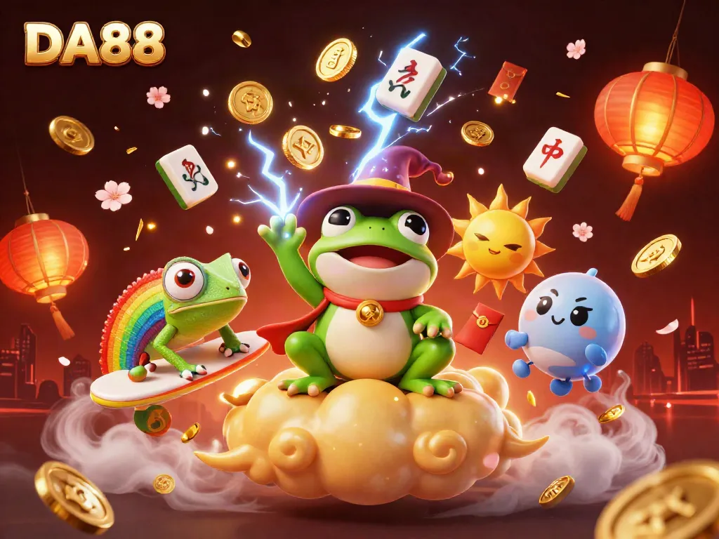 Experience the thrill of DA88 with vibrant characters and dynamic casino elements in a magical scene.