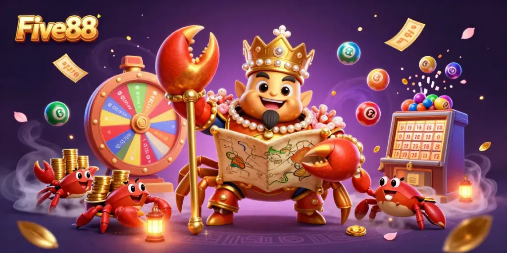 Engage in exciting gaming at Five88 with vibrant lottery elements and a majestic golden crab emperor!