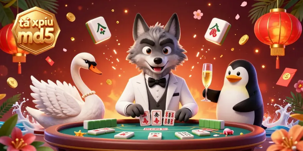 Experience the excitement of tài xỉu md5 with a stylish baccarat scene featuring elegant characters and vibrant casino elements.