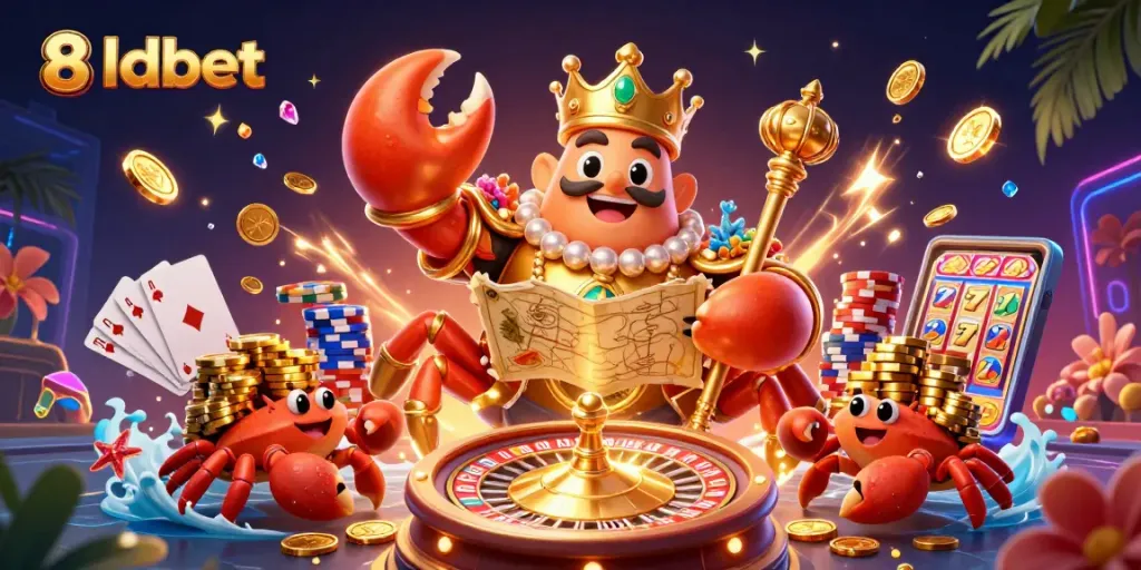 Experience exciting gameplay at 8xbet with a vibrant 3D illustration of a golden crab emperor surrounded by treasure in a casino setting.