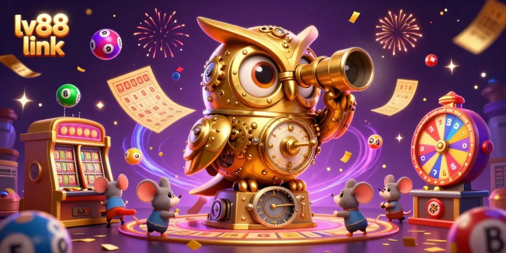 Engage with lv88 link in this vibrant casino illustration featuring an owl and dynamic game elements.