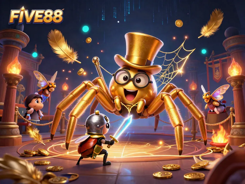 Engage with the dynamic casino experience at FIVE88 featuring a golden tarantula and playful beetle knight.