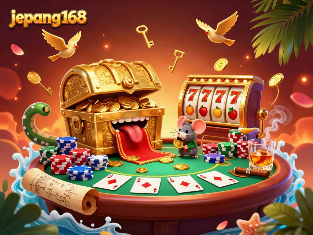 Engage in thrilling gaming at jepang168 with a vibrant 3D scene of a treasure chest and slot reels bursting with excitement.