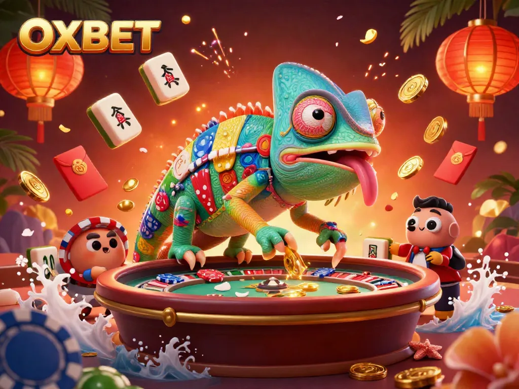 Experience OXBET's vibrant casino atmosphere with a dynamic chameleon owner in a lively gaming scene.