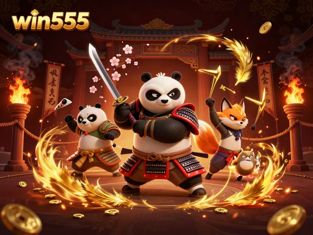 Win555 immersive gambling scene featuring samurai panda and ninja fox, rich in casino elements.