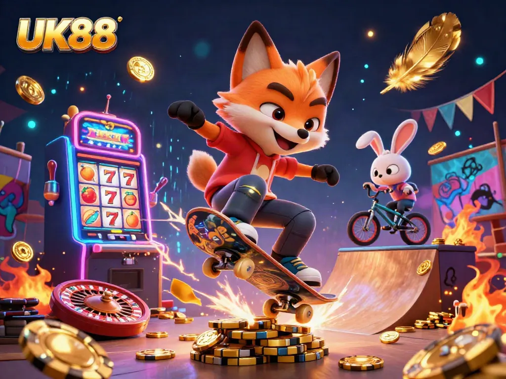 Experience thrilling gaming with UK88's vibrant 3D casino illustration featuring lively characters and dynamic elements.