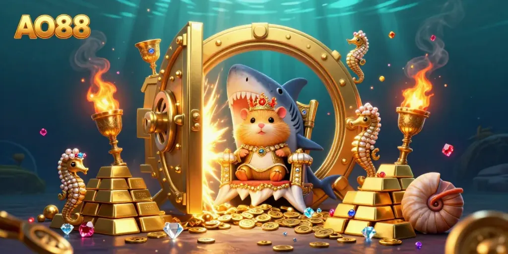 Join the AO88 adventure with the golden hamster king amidst a glorious treasure vault scene.