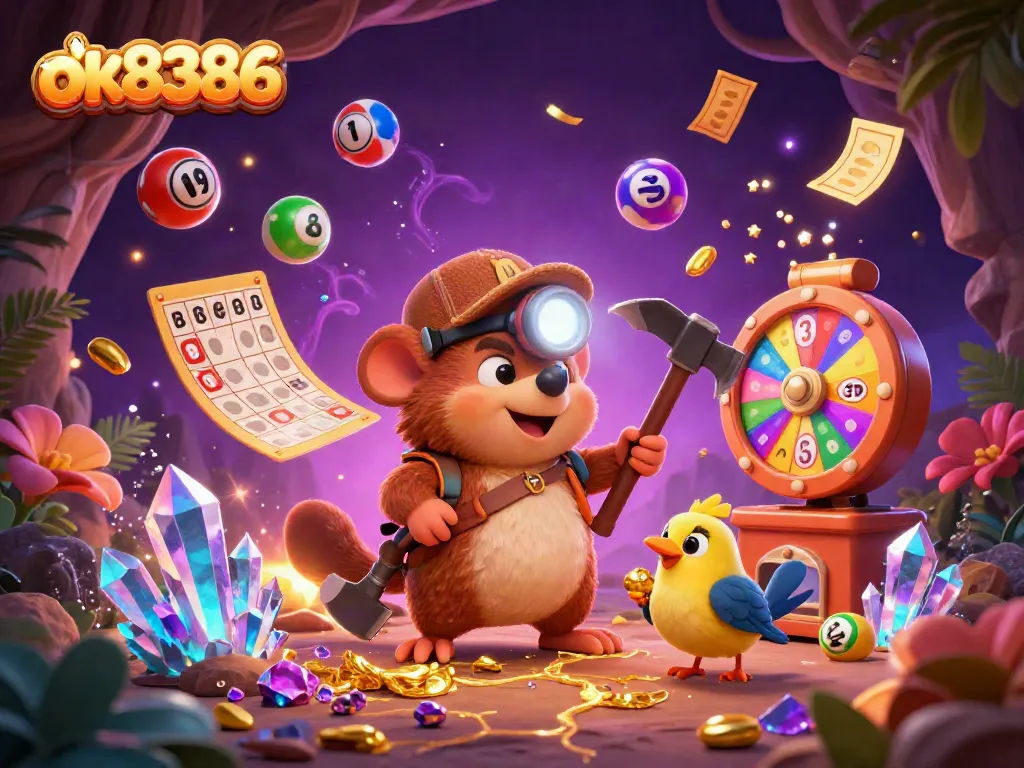 Experience thrilling adventures with ok8386 in this vibrant 3D casino scene featuring a treasure hunter and dazzling game elements.