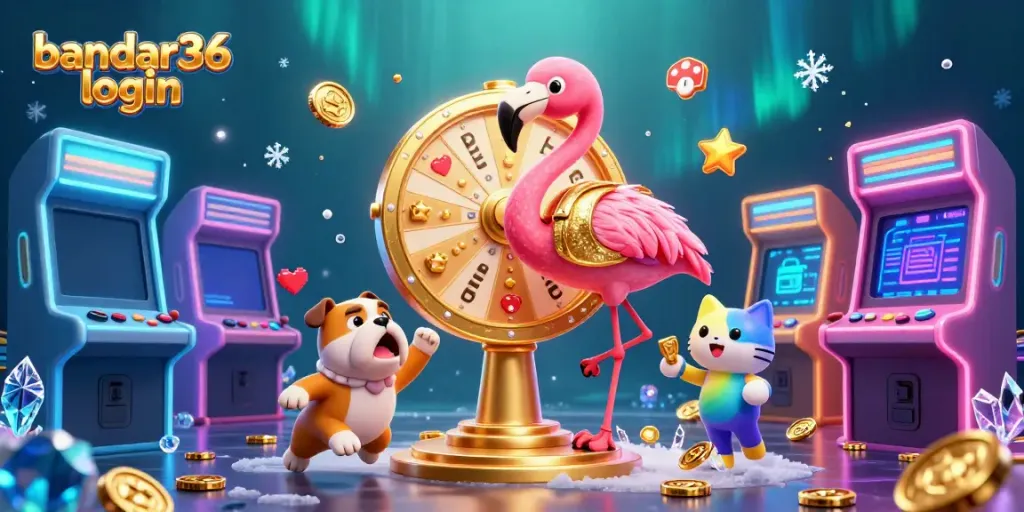 Permainan slot energik dengan bandar36 login di tengah suasana kasino yang meriah.