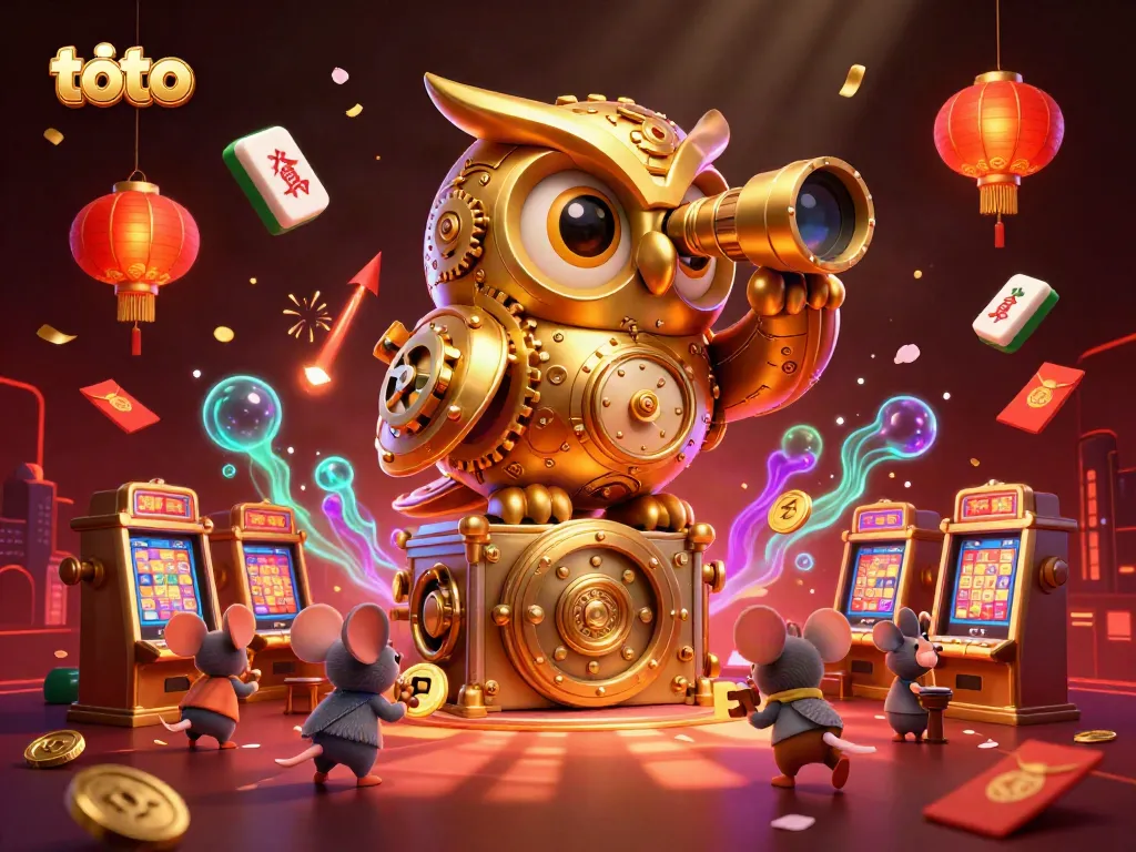 Engage in thrilling toto games with a golden owl surveying a bustling casino scene filled with vibrant charms.
