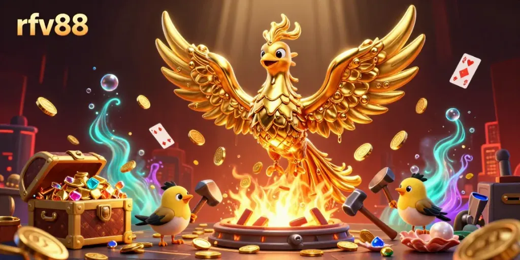 Experience the rfv88 casino magic with a golden phoenix and shimmering treasures.