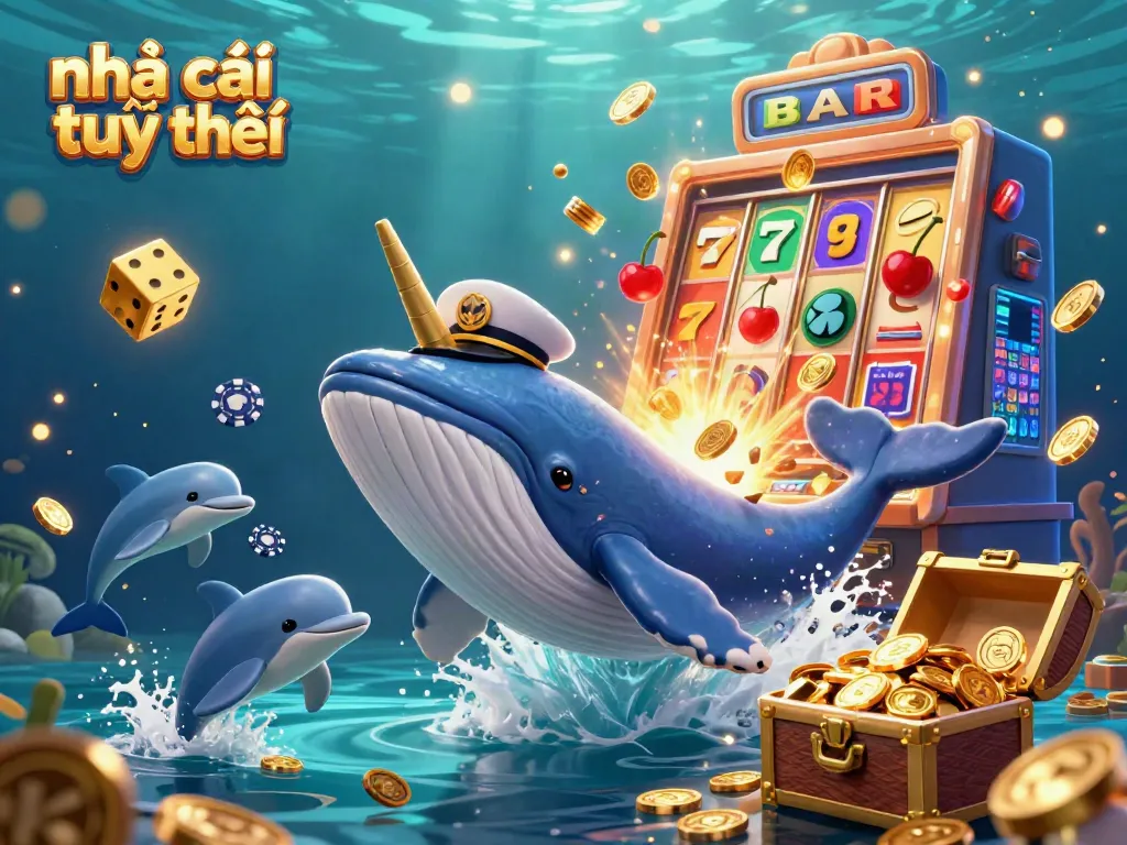 This vibrant scene showcases the exciting world of nhà cái trực tuyến uy tín, featuring playful dolphins, a whale in a captain's coat, and casino elements.