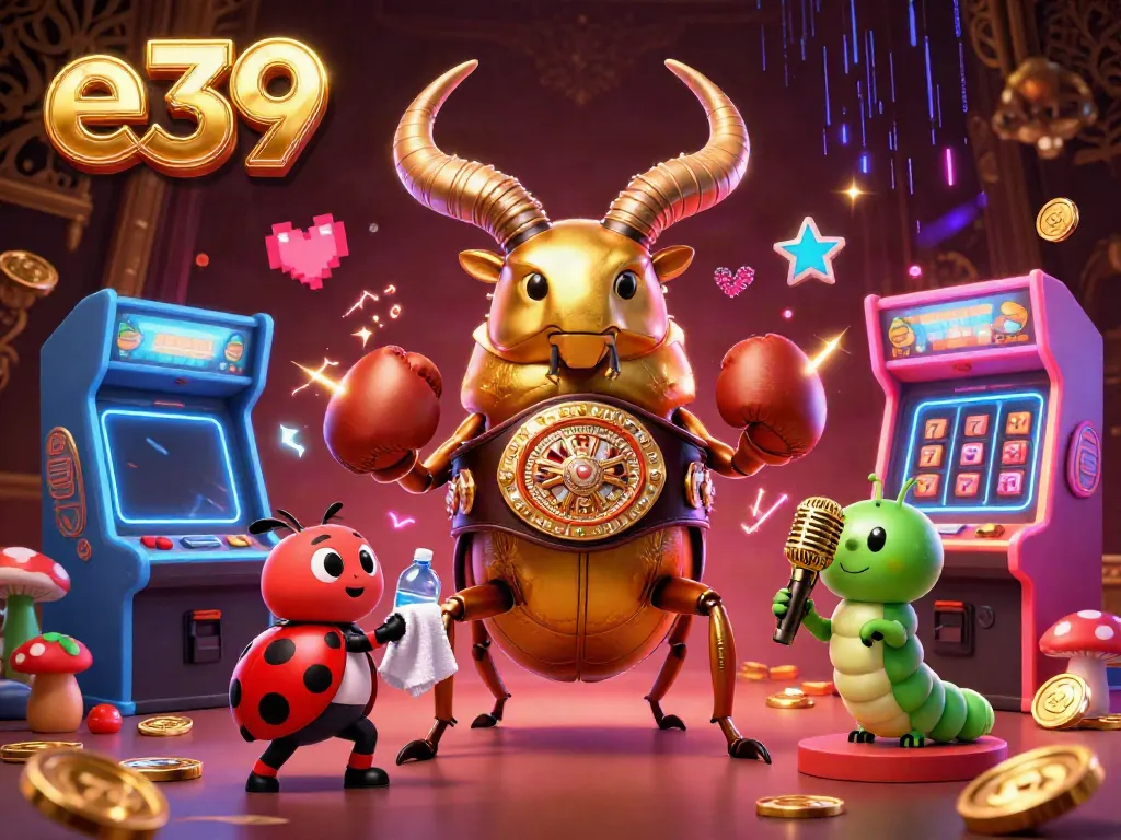 Engage with e39's vibrant casino scene featuring a giant golden stag beetle and engaging gaming elements.