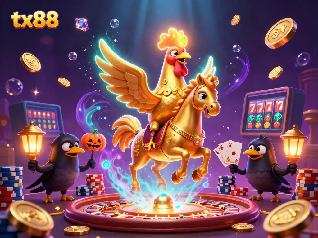 Experience tx88's vibrant casino adventure with a golden rooster and mystical companions.