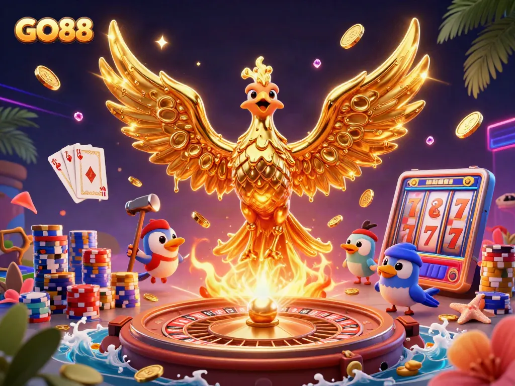 Spin the reels at GO88 with a vibrant 3D phoenix and casino elements showcasing endless gaming excitement.