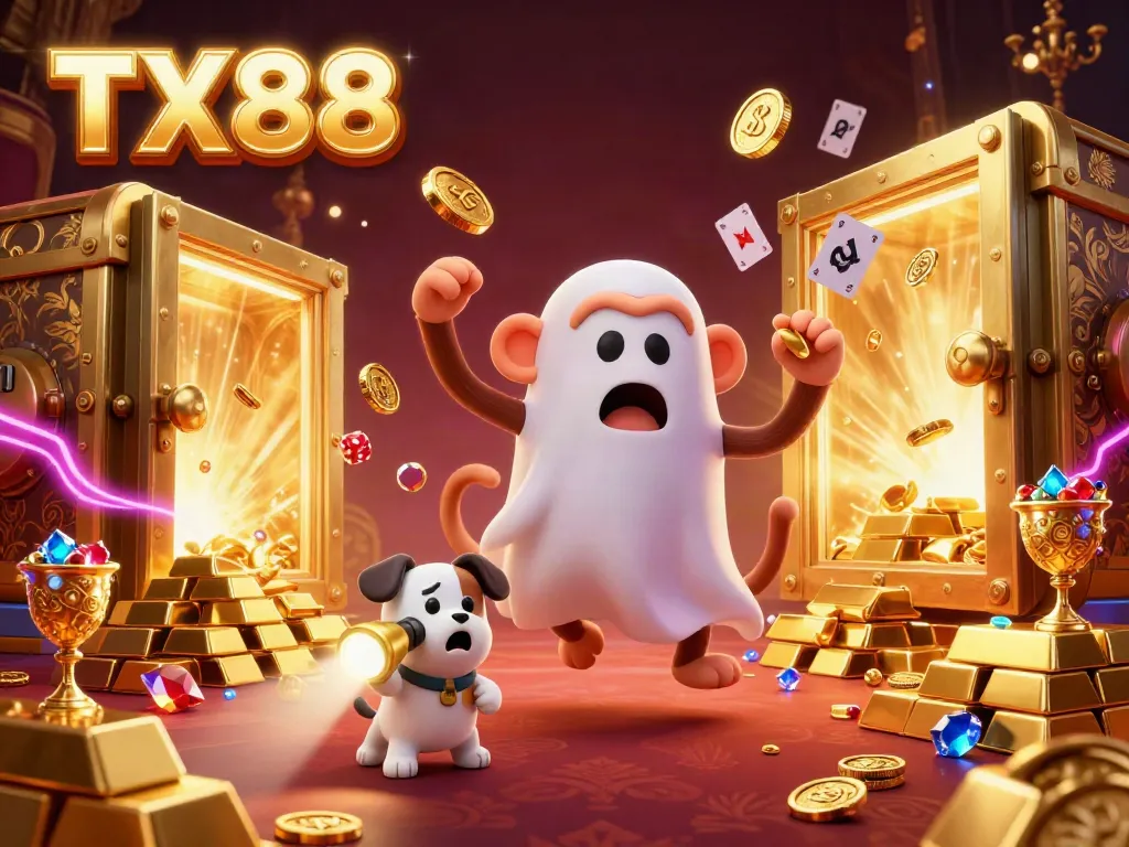 Experience the excitement at TX88 Casino with a haunted monkey juggling gold while a curious puppy watches.