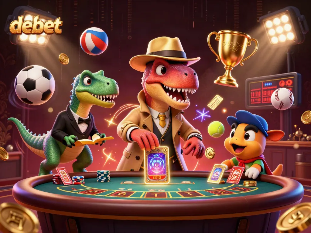 Engage with debet through dynamic betting action featuring a velociraptor at a blackjack table.