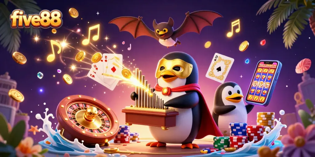 Engage with five88’s thrilling games in a dynamic casino scene filled with colorful elements and exciting gameplay.