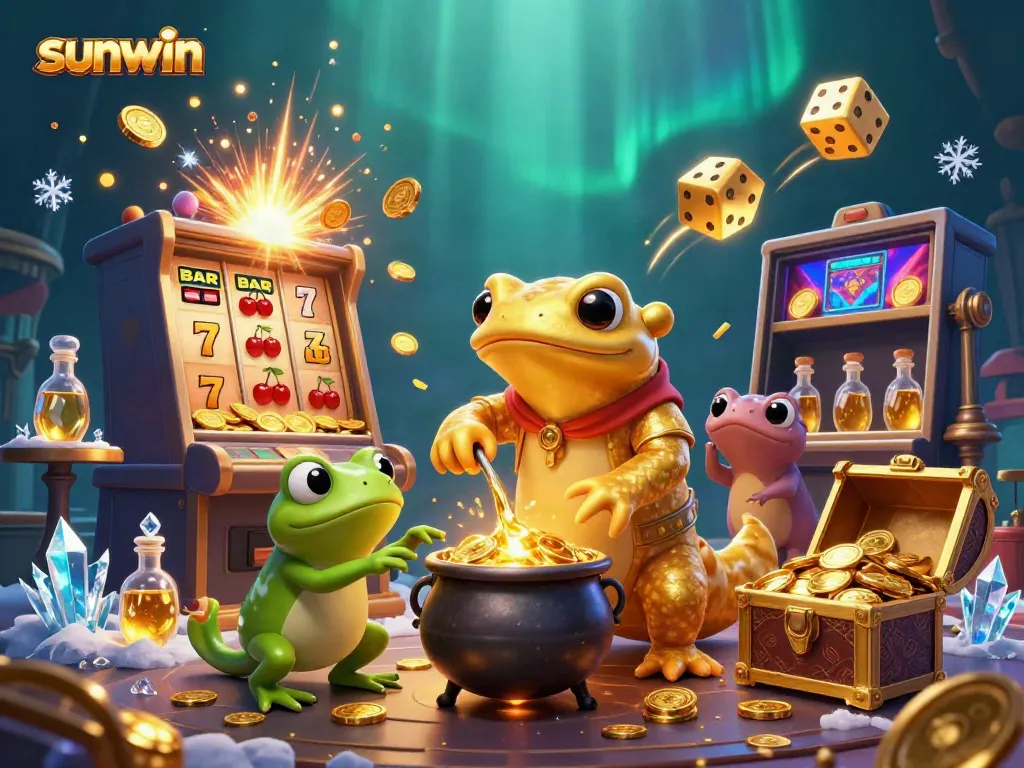 Experience excitement with sunwin's vibrant 3D casino themed illustration featuring iconic game symbols and characters.