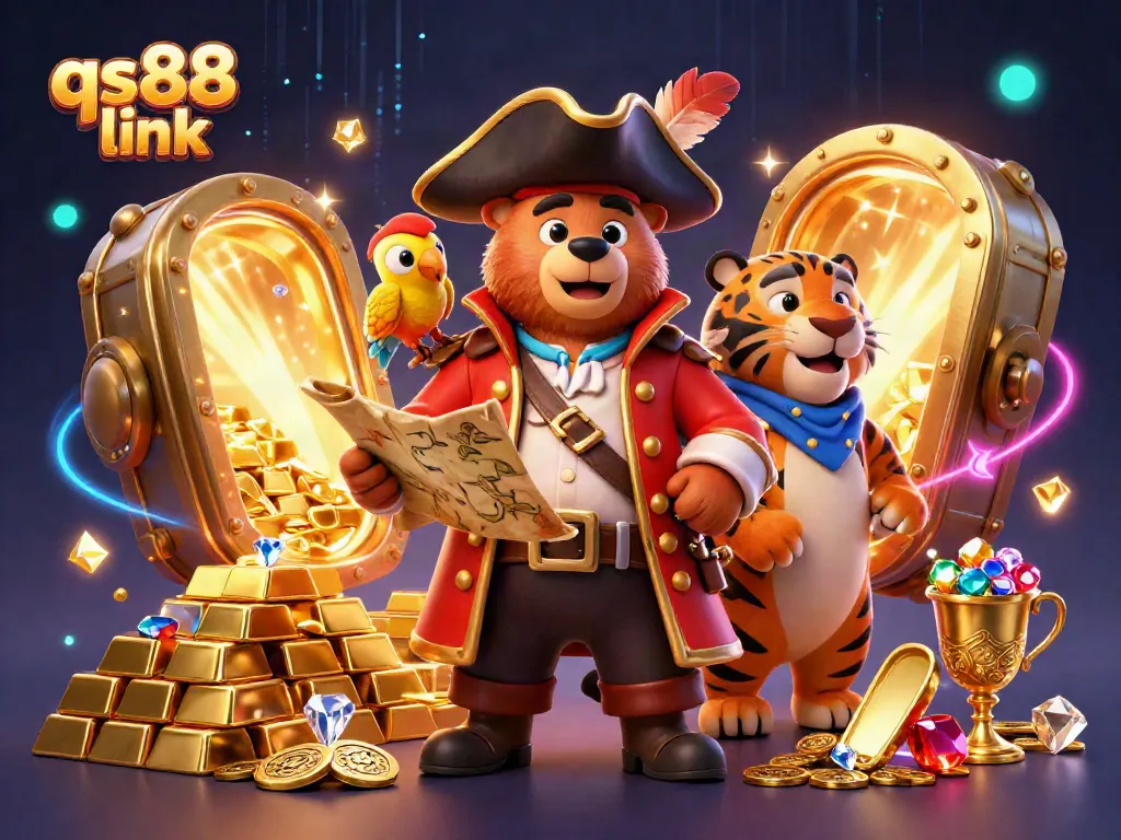 Engage with excitement at qs88 link, showcasing a vibrant pirate-themed 3D illustration packed with casino treasures.