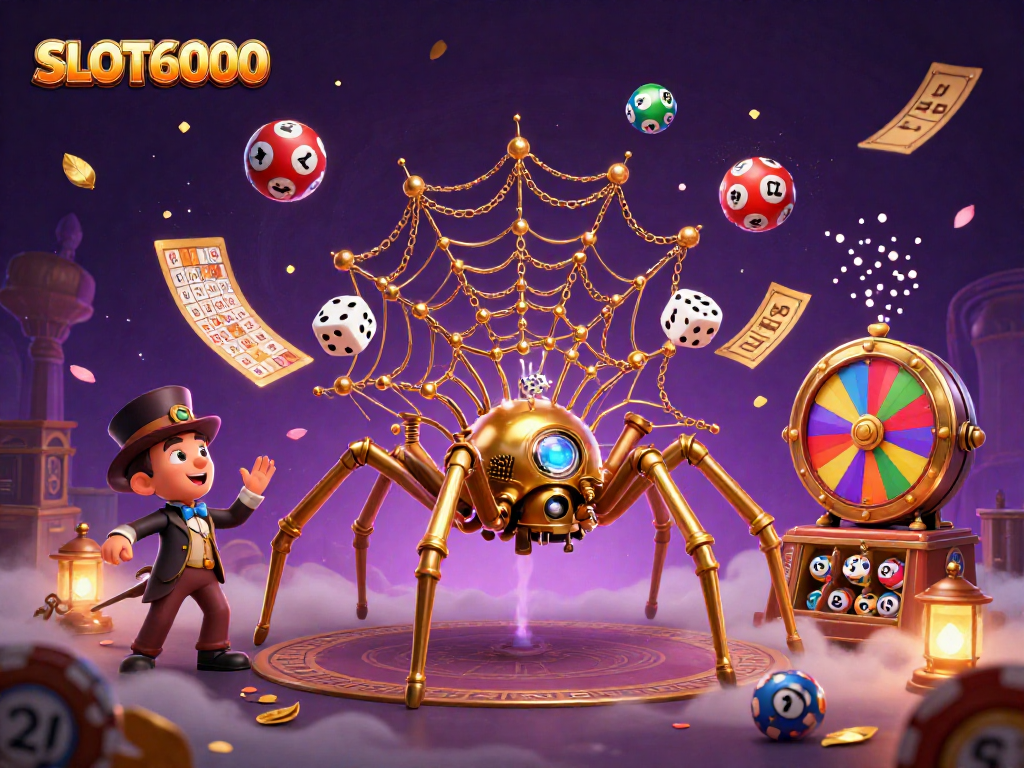 SLOT6000 features an enchanting scene with a steampunk spider and lottery elements in a vibrant casino setting.