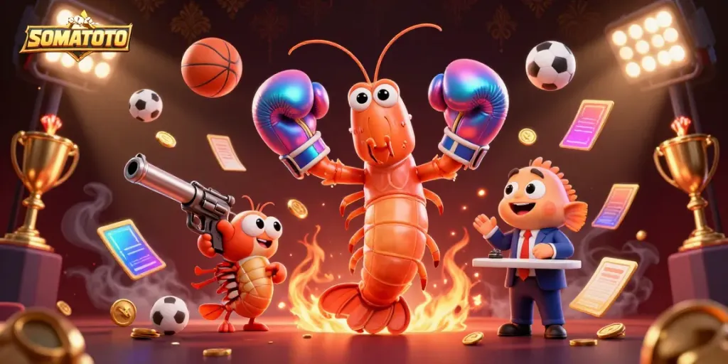 SOMATOTO showcases an energetic scene with a mantis shrimp and sports elements for dynamic gambling action