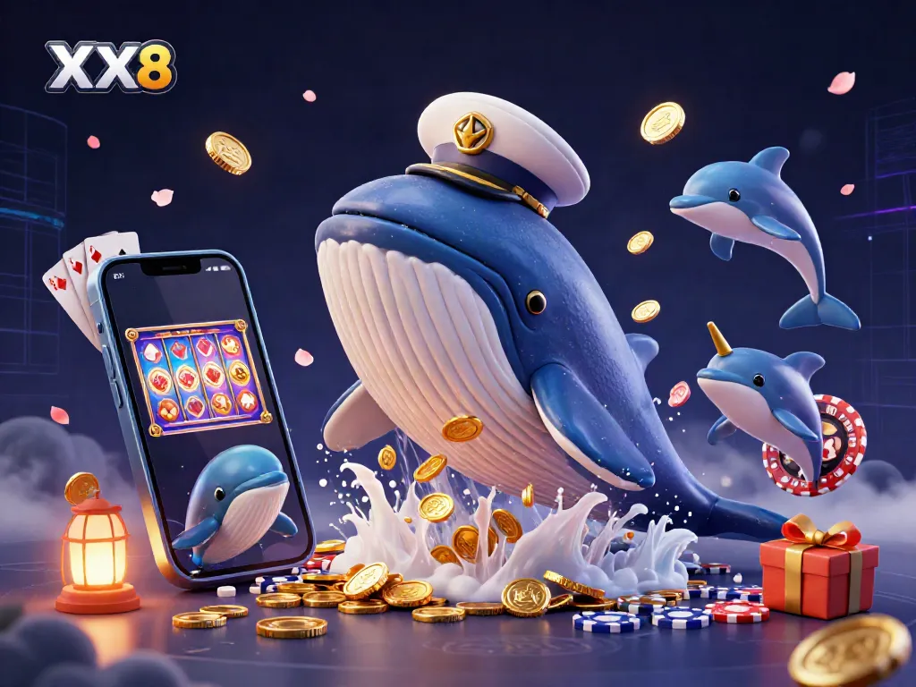 Experience the vibrant thrill of XX8 casino with whales, golden coins, and playful poker dolphins.