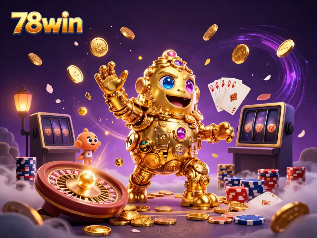 Experience the vibrancy of 78win, featuring a golden golem amidst a whirlwind of casino magic and imagery.
